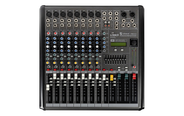 Микшер Intrend [ITMIX-8-2] аналоговый, 12 входов (8 аналоговых, 1 стерео, 2 USB), 2 группы, Bluetooth, USB MP3 плеер, процессор эффектов 24-бит, 9-полосный графический эквалайзер