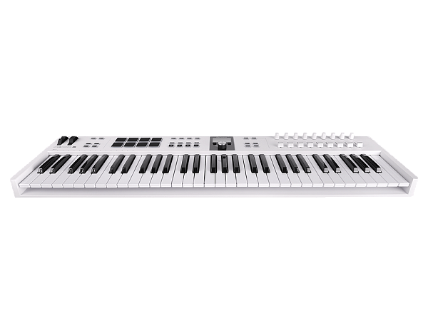 MIDI клавиатура [231531] Arturia [KeyLab Essential 61 mk3 White] 61 клавиша, LCD дисплей, 9 энкодеров, 8 пэдов, 9 фейдеров, 12 кнопок управления, колеса высоты тона и модуляции, 1/4" Jack вход для педали, MIDI выход, Type-C