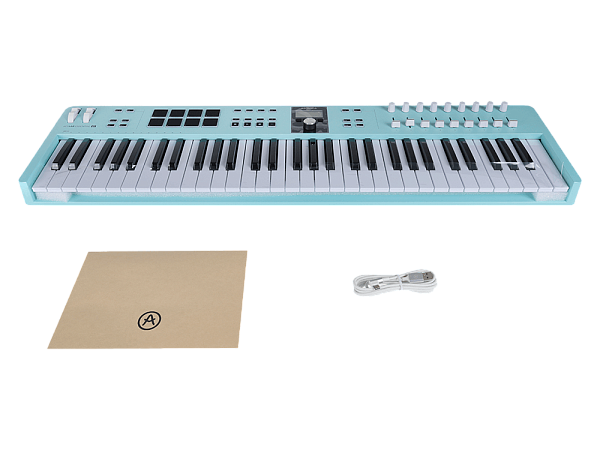 MIDI клавиатура [231534] Arturia [KeyLab Essential 61 mk3 Aquamarine] 61 клавиша, LCD дисплей, 9 энкодеров, 8 пэдов, 9 фейдеров, 12 кнопок управления, колеса высоты тона и модуляции, 1/4" Jack вход для педали, MIDI выход, Type-C