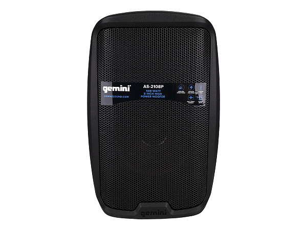 Акустическая система Gemini [AS-2108P] Активная, 2-х полосная, мощность RMS/Peak 250/500 Вт, АЧХ 60-20000 Гц, Max SPL 98 дБ, динамики: 8" НЧ, 1" ВЧ, входы: 1/8" TRS AUX, RCA (L/R) AUX, 2xXLR микрофонные, 2x1/4" линейные, выходы: XLR Mix