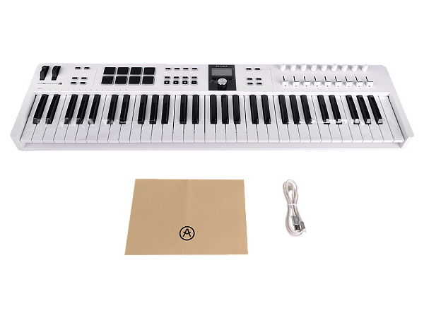 MIDI клавиатура [231531] Arturia [KeyLab Essential 61 mk3 White] 61 клавиша, LCD дисплей, 9 энкодеров, 8 пэдов, 9 фейдеров, 12 кнопок управления, колеса высоты тона и модуляции, 1/4" Jack вход для педали, MIDI выход, Type-C