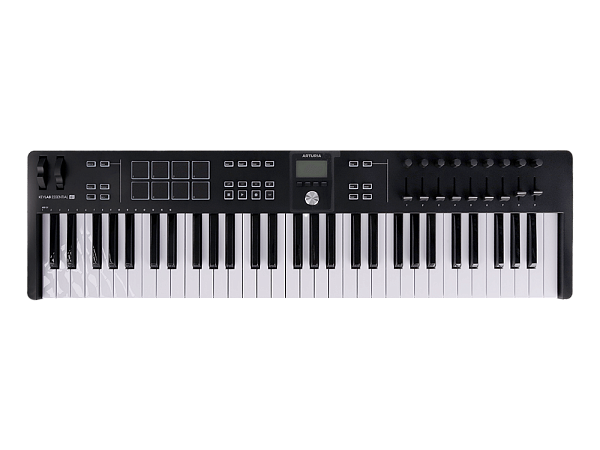 MIDI клавиатура [231532] Arturia [KeyLab Essential 61 mk3 Black] 61 клавиша, LCD дисплей, 9 энкодеров, 8 пэдов, 9 фейдеров, 12 кнопок управления, колеса высоты тона и модуляции, 1/4" Jack вход для педали, MIDI выход, Type-C