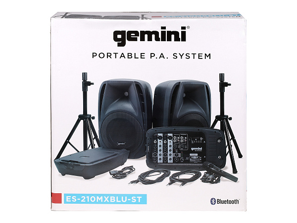 Акустическая система Gemini [ES-210MXBLU-ST] Комплект: 2х АС 10"НЧ/1"ВЧ, микшер с усилителем 150 Вт RMS, входы: 4x XLR Mic, 6x 1/4" TRS Line, 2x RCA, 1/8” TRS, выходы: 2x 1/4" TRS, 2x RCA, 1/8” TRS Headphones, 2х стойки, микрофон, кабели