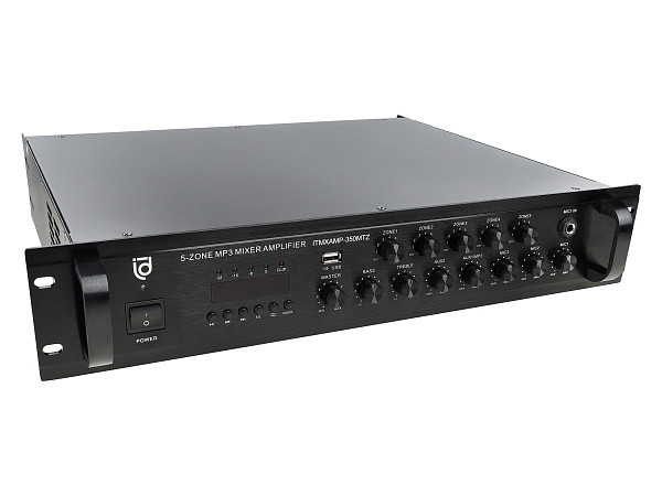 Микшер-усилитель Intrend [ITMXAMP-350MTZ] зональный, 5 зон. MP3, FM-тюнер, USB, Bluetooth, 3хMic/2хLine входы, 1хLine выход, 350 Вт, 4-16 Ом/100V, IR-пульт в комплекте