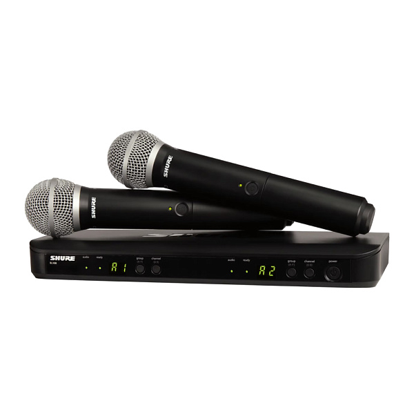 Микрофонная система SHURE [BLX288E/PG58-M17] беспроводная, двухканальная, с двумя ручными передатчиками PG58. Частота UHF 662-686 МГц
