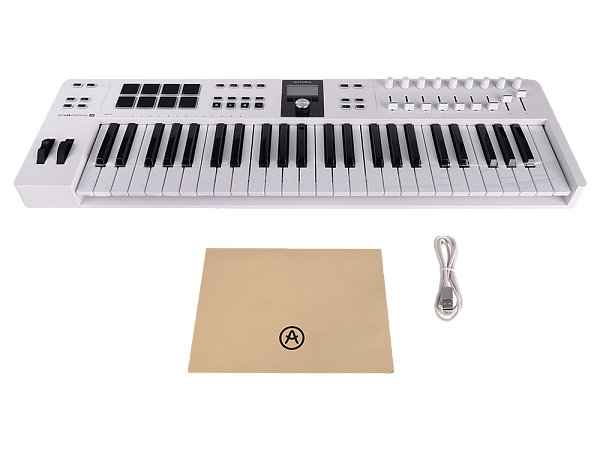 MIDI клавиатура [231521] Arturia [KeyLab Essential 49 mk3 White] 49 клавиш, LCD дисплей, 9 энкодеров, 8 пэдов, 9 фейдеров, 12 кнопок управления, колеса высоты тона и модуляции, 1/4" Jack вход для педали, MIDI выход, Type-C