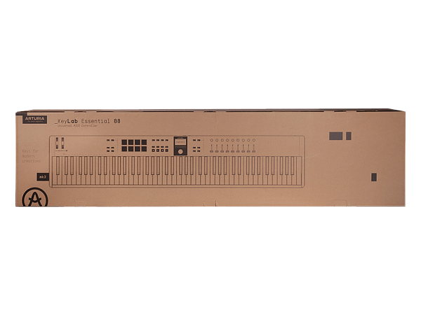 MIDI клавиатура [231542] Arturia [KeyLab Essential 88 mk3 Black] 88 клавиш, LCD дисплей, 9 энкодеров, 8 пэдов, 9 фейдеров, 12 кнопок управления, колеса высоты тона и модуляции, 1/4" Jack вход для педали, MIDI выход, Type-C