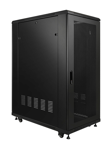 Рэковая стойка Wize Pro [W27U100R-M] 19”, 27U, 600х1000 мм, передняя и задняя двери металлические перфорированные, колеса, рэковые гайки: 20 шт, макс. вес нагрузки 800 кг, сталь, черный (3 места)