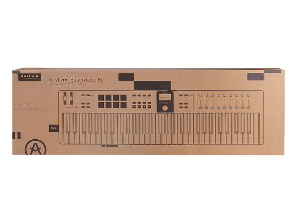 MIDI клавиатура [231531] Arturia [KeyLab Essential 61 mk3 White] 61 клавиша, LCD дисплей, 9 энкодеров, 8 пэдов, 9 фейдеров, 12 кнопок управления, колеса высоты тона и модуляции, 1/4" Jack вход для педали, MIDI выход, Type-C