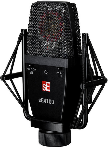 Микрофон конденсаторный sE Electronics [SE 4100 Pair] подобранная пара универсальных студийных конденсаторных микрофонов с большой диафрагмой 1", 20 Гц - 20 кГц, кардиоида, комплектация: два держателя "паук", два резьбовых адаптера, планка для крепления