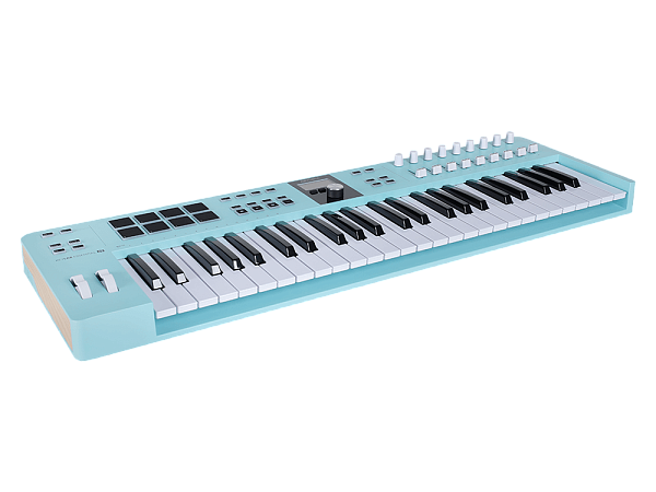 MIDI клавиатура [231524] Arturia [KeyLab Essential 49 mk3 Aquamarine] 49 клавиш, LCD дисплей, 9 энкодеров, 8 пэдов, 9 фейдеров, 12 кнопок управления, колеса высоты тона и модуляции, 1/4" Jack вход для педали, MIDI выход, Type-C