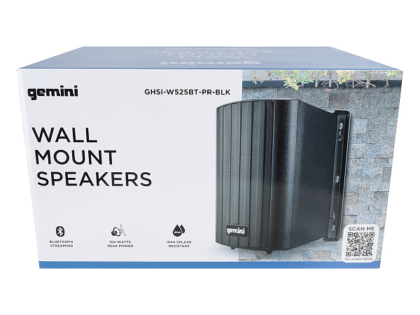 Акустическая система Gemini [GHSI-W525BT-PR-BLK] Активная + пассивная АС, 5.25" НЧ + 0.75" ВЧ, мощность RMS/Peak 60/150 Вт, АЧХ 45-20000 Гц, динамики: 5" НЧ, 1" ВЧ, IP44, BT, 3,5 мм AUX вход, 3,5 мм AUX выход, настенные крепления, пульт ДУ, цвет черный
