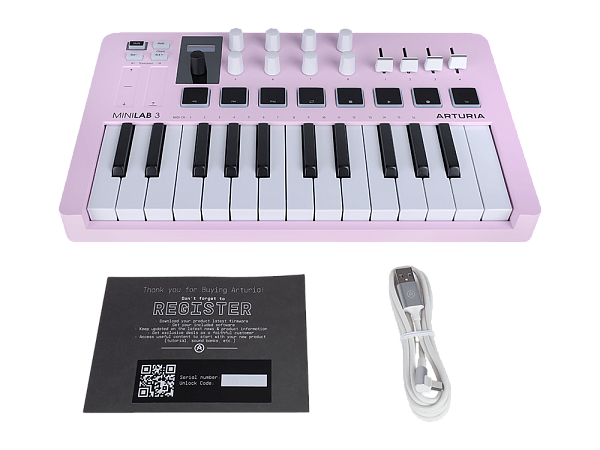 MIDI клавиатура [231509] Arturia [MiniLAB 3 Rose Quartz] 25 клавиш, 8 энкодеров, 8 RGB пэдов, 8 фейдеров, дисплей, сенсорные регуляторы Pitch/Modulation, MIDI-выход, 1/4" Jack вход педали, режим Chord, арпеджиатор, USB-C