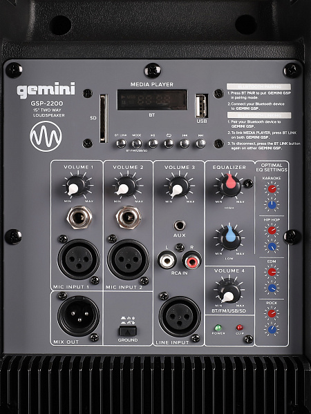 Акустическая система Gemini [GSP-2200] Активная, 2-х полосная, RMS/Peak 550/2200 Вт, АЧХ 40-20000 Гц, SPL 114 дБ, 15" ВЧ, 1,35" ВЧ, вх.: (2) XLR Mic, (2) 1/4" TRS Mic, 1/8” TRS AUX, RCA (L/R) AUX, XLR, вых.: XLR Mix, USB, SD, FM, Bluetooth