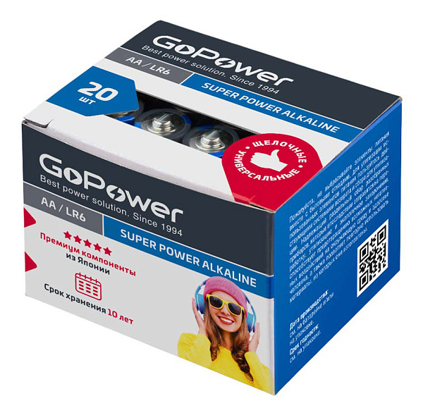 00-00017748 Super Power Alkaline Элемент питания LR6/AA щелочной 1.5В, 20шт, GoPower