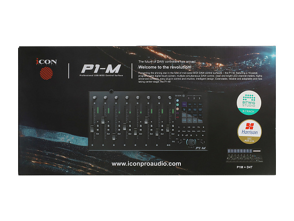 MIDI контроллер [110205A2022] Icon [P1-M] USB MIDI DAW контроллер, 8 моторизованных фейдеров, программируемый 4-дюймовый сенсорный дисплей, LED-индикаторы, колесо Jog оптического энкодера, 8 энкодеров, функциональные кнопки с подсветкой