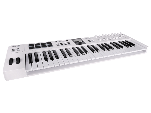 MIDI клавиатура [231521] Arturia [KeyLab Essential 49 mk3 White] 49 клавиш, LCD дисплей, 9 энкодеров, 8 пэдов, 9 фейдеров, 12 кнопок управления, колеса высоты тона и модуляции, 1/4" Jack вход для педали, MIDI выход, Type-C