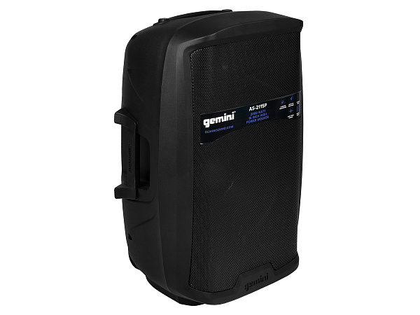Акустическая система Gemini [AS-2115P] Активная, 2-х полосная, мощность RMS/Peak 500/2000 Вт, АЧХ 40-20000 Гц, Max SPL 110 дБ, динамики: 15" НЧ, 1" ВЧ, входы: 1/8" TRS AUX, RCA (L/R) AUX, 2xXLR микрофонные, 2x1/4" линейные, выходы: XLR Mix