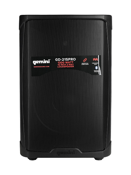 Акустическая система Gemini [GD-215PRO] Активная, 2-х полосная, мощность RMS/Peak 280/1300 Вт, Max Peak SPL 120 Вт, динамики: 15" НЧ, 1,35" ВЧ, входы: 1/8” TRS AUX, 2x 1/4" TRS, 2x XLR, 2x RCA AUX, выходы: XLR Mix Out, Bluetooth, микрофон