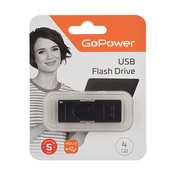 00-00025961 Slider Флеш-накопитель 4GB USB2.0, черный матовый пластик, GoPower