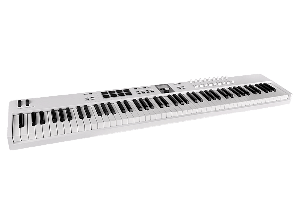 MIDI клавиатура [231541] Arturia [KeyLab Essential 88 mk3 White] 88 клавиш, LCD дисплей, 9 энкодеров, 8 пэдов, 9 фейдеров, 12 кнопок управления, колеса высоты тона и модуляции, 1/4" Jack вход для педали, MIDI выход, Type-C