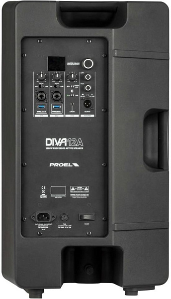 Активная акустическая система PROEL [DIVA12A] 2-х полосная, НЧ динамик 12", ВЧ динамик 1", DSP, мощность пик. 1000 Вт, мощность номин. ВЧ/НЧ 100/400 Вт, АЧХ 50-20000 Гц, макс. SPL 127 дБ, 2x Combo XLR/TRS входа, 1/8" вход, XLR выход, 2x USB-A, Bluetooth