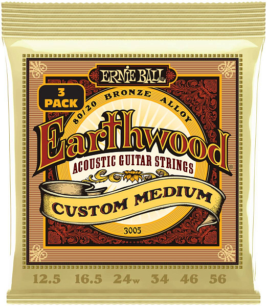 ERNIE BALL 3005 Earthwood 80/20 Bronze Custom Medium 3 Pack 12.5-56 - Струны для акустической гитары
