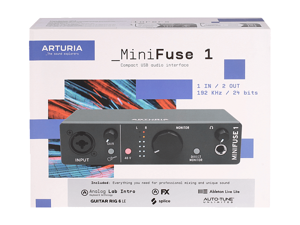 Аудиоинтерфейс USB [800101] Arturia [MiniFuse 1 Black] 24бит/192кГц, комбинированный разъем XLR и 6.3 мм для записи инструментов и вокала с фантомным питанием 48 В, выходы на монитор (L/R Jack), выход для наушников