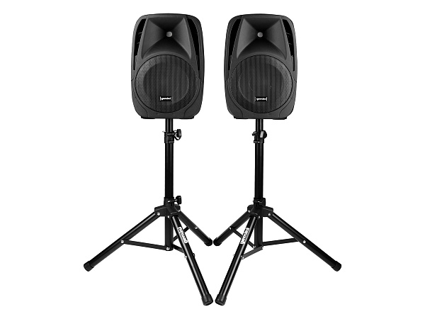 Акустическая система Gemini [ES-210MXBLU-ST] Комплект: 2х АС 10"НЧ/1"ВЧ, микшер с усилителем 150 Вт RMS, входы: 4x XLR Mic, 6x 1/4" TRS Line, 2x RCA, 1/8” TRS, выходы: 2x 1/4" TRS, 2x RCA, 1/8” TRS Headphones, 2х стойки, микрофон, кабели