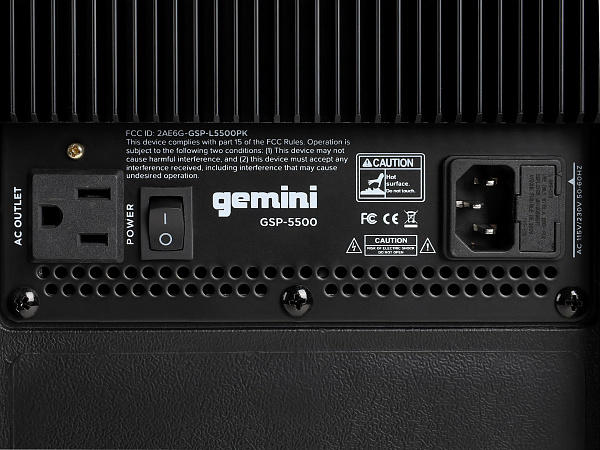 Акустическая система Gemini [GSP-5500] Активная, 2-х полосная, RMS/Peak 550/2200 Вт, АЧХ 40-20000 Гц, SPL 126 дБ, 15" ВЧ, 1,35" ВЧ, вх.: (2) XLR Mic, (2) 1/4" TRS Mic, 1/8” TRS AUX, RCA (L/R) AUX, XLR, вых.: XLR Mix, USB, SD, FM, Bluetooth