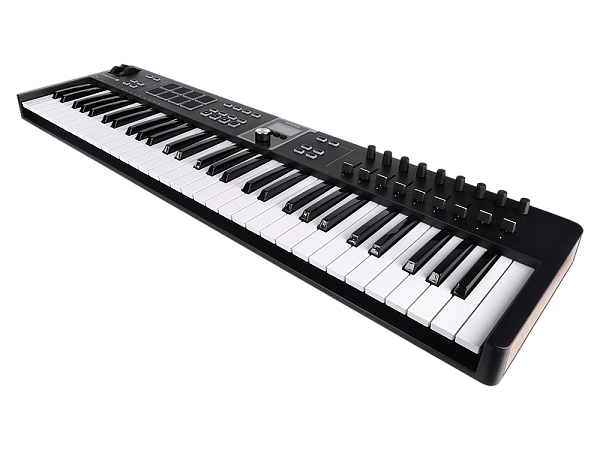 MIDI клавиатура [231532] Arturia [KeyLab Essential 61 mk3 Black] 61 клавиша, LCD дисплей, 9 энкодеров, 8 пэдов, 9 фейдеров, 12 кнопок управления, колеса высоты тона и модуляции, 1/4" Jack вход для педали, MIDI выход, Type-C