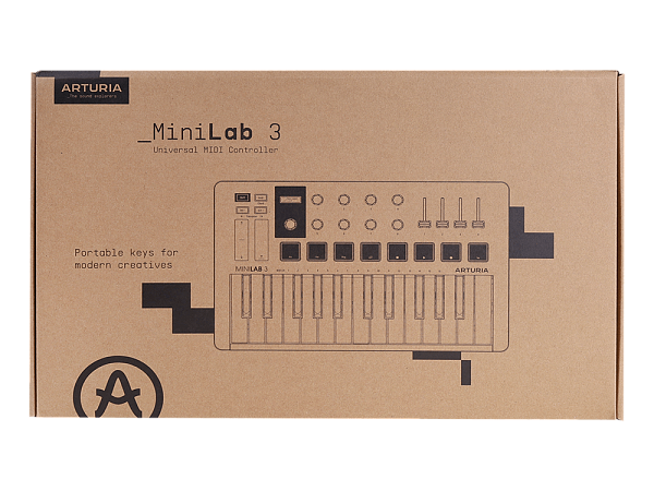 MIDI клавиатура [231501] Arturia [MiniLAB 3] 25 клавиш, 8 энкодеров, 8 RGB пэдов, 8 фейдеров, дисплей, сенсорные регуляторы Pitch/Modulation, MIDI-выход, 1/4" Jack вход педали, режим Chord, арпеджиатор, USB-C
