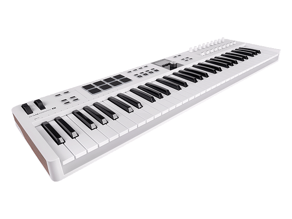 MIDI клавиатура [231531] Arturia [KeyLab Essential 61 mk3 White] 61 клавиша, LCD дисплей, 9 энкодеров, 8 пэдов, 9 фейдеров, 12 кнопок управления, колеса высоты тона и модуляции, 1/4" Jack вход для педали, MIDI выход, Type-C