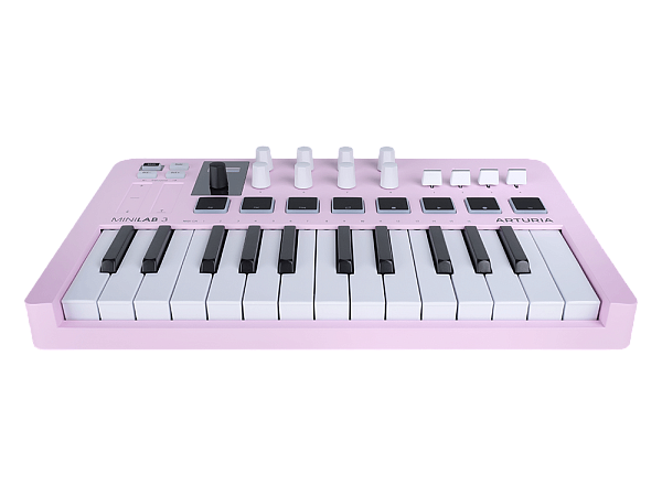 MIDI клавиатура [231509] Arturia [MiniLAB 3 Rose Quartz] 25 клавиш, 8 энкодеров, 8 RGB пэдов, 8 фейдеров, дисплей, сенсорные регуляторы Pitch/Modulation, MIDI-выход, 1/4" Jack вход педали, режим Chord, арпеджиатор, USB-C