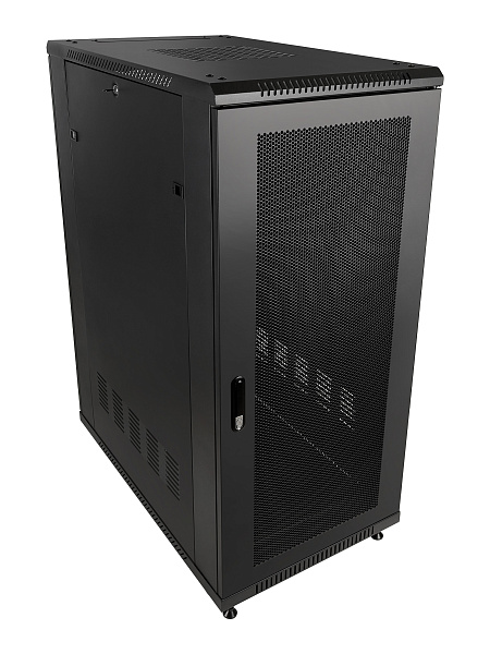 Рэковая стойка Wize Pro [W27U100R-M] 19”, 27U, 600х1000 мм, передняя и задняя двери металлические перфорированные, колеса, рэковые гайки: 20 шт, макс. вес нагрузки 800 кг, сталь, черный (3 места)