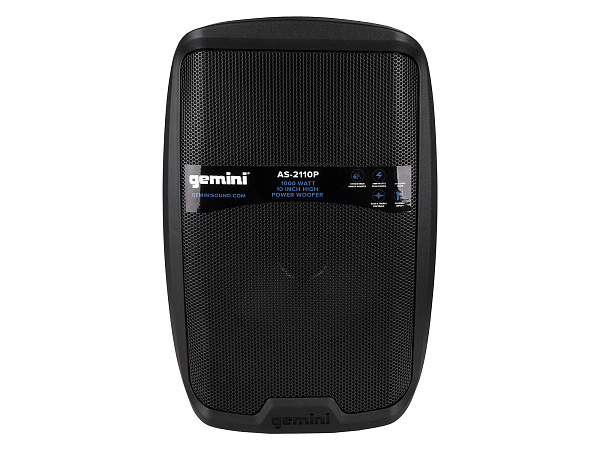 Акустическая система Gemini [AS-2110P] Активная, 2-х полосная, мощность RMS/Peak 500/1000 Вт, АЧХ 55-20000 Гц, Max SPL 100 дБ, динамики: 10" НЧ, 1" ВЧ, входы: 1/8" TRS AUX, RCA (L/R) AUX, 2xXLR микрофонные, 2x1/4" линейные, выходы: XLR Mix