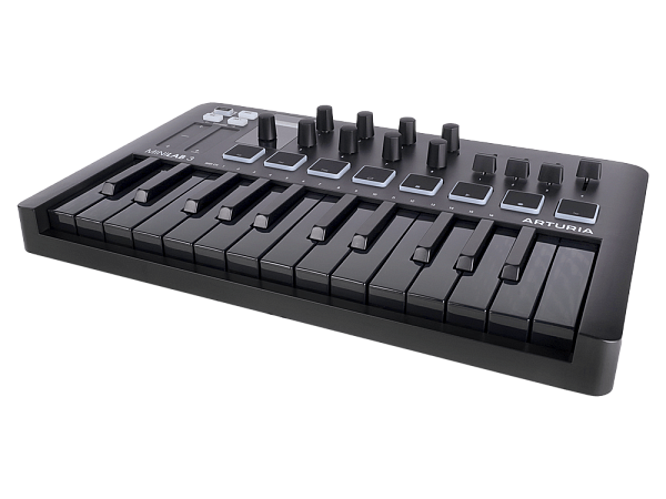 MIDI клавиатура [231503] Arturia [MiniLAB 3 Deep Black] 25 клавиш, 8 энкодеров, 8 RGB пэдов, 8 фейдеров, дисплей, сенсорные регуляторы Pitch/Modulation, MIDI-выход, 1/4" Jack вход педали, режим Chord, арпеджиатор, USB-C