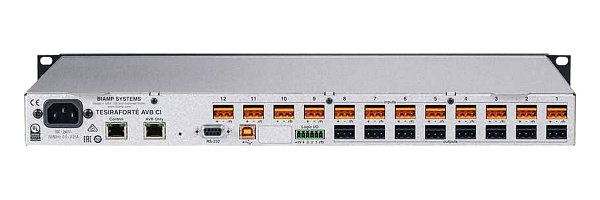 Аудиопроцессор BIAMP [TesiraFORTE AVB CI] (DSP): 12 вх. с AEC, 8 вых. (Euroblock); 128 х 128 AVB; 8 CH по USB; OLED-дисплей, Ethernet (RJ45), RS-232. ПО Tesira. Logic I/O. 1U.