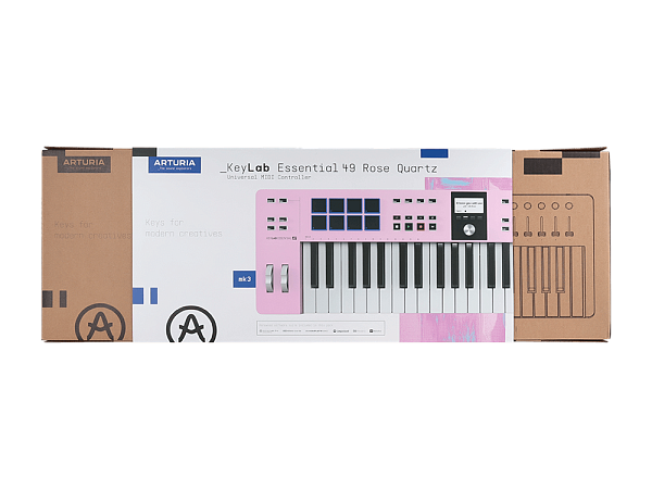 MIDI клавиатура [231525] Arturia [KeyLab Essential 49 mk3 Rose Quartz] 49 клавиш, LCD дисплей, 9 энкодеров, 8 пэдов, 9 фейдеров, 12 кнопок управления, колеса высоты тона и модуляции, 1/4" Jack вход для педали, MIDI выход, Type-C