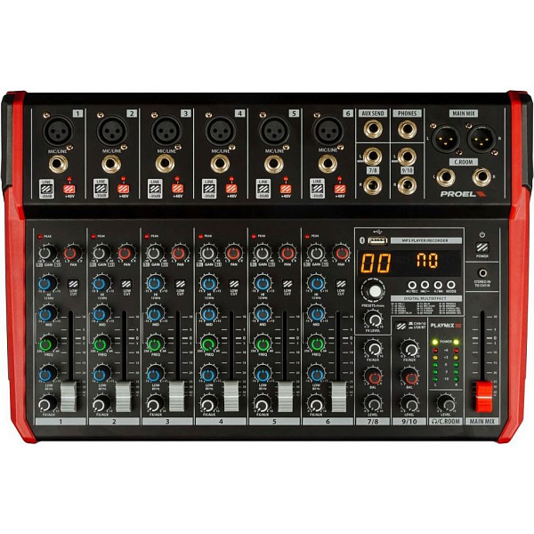 Микшерный пульт PROEL [PLAYMIX10] 10-ти канальный, 24 бит/48 кГц DSP, Bluetooth, медиа-плеер, 6x XLR+1/4" TRS микр./лин. входа, 2х 1/4" TRS (L/R) стерео лин. входа, 2x XLR Main вых., 2x 1/4" TRS вых. для мониторов, USB аудио интерфейс, 2x USB-A порта