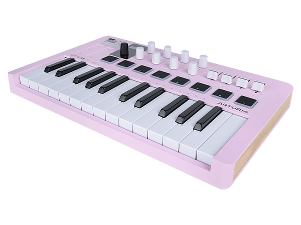 MIDI клавиатура [231509] Arturia [MiniLAB 3 Rose Quartz] 25 клавиш, 8 энкодеров, 8 RGB пэдов, 8 фейдеров, дисплей, сенсорные регуляторы Pitch/Modulation, MIDI-выход, 1/4" Jack вход педали, режим Chord, арпеджиатор, USB-C