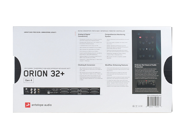 Аудиоинтерфейс Antelope Audio [Orion 32+ | Gen 4] 24 бит 192 кГц, AFC: 64-бит, 32 входа, 32 выхода, динамический диапазон до 130 дБ, 128 каналов оптического MADI, 8 каналов ADAT и 2 канала S/PDIF, Вход word clock, 2х word clock, вход 10M, Thunderbolt 3