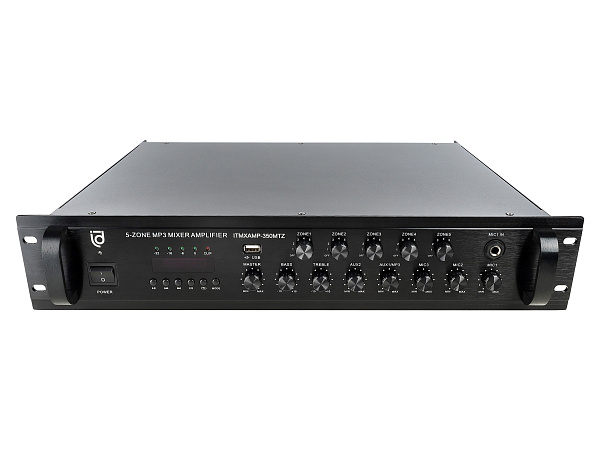 Микшер-усилитель Intrend [ITMXAMP-350MTZ] зональный, 5 зон. MP3, FM-тюнер, USB, Bluetooth, 3хMic/2хLine входы, 1хLine выход, 350 Вт, 4-16 Ом/100V, IR-пульт в комплекте