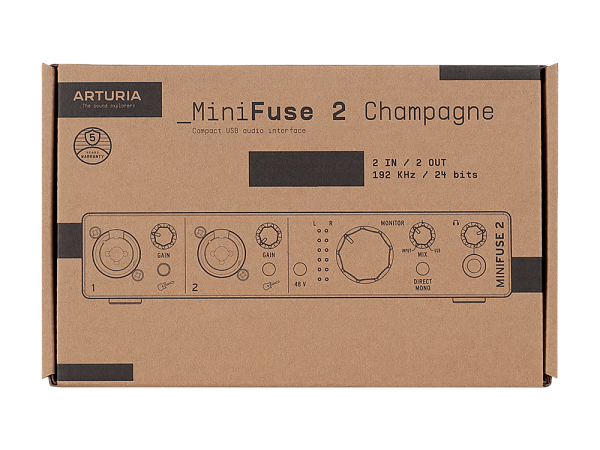 Аудиоинтерфейс USB [800122] Arturia [MiniFuse 2 Champagne] 24бит/192кГц, два комбинированных входа XLR-1/4” (микрофонный / линейный / инструментальный уровень) с фантомным питанием +48 В, выходы на монитор (L/R Jack), выход для наушников, MIDI In/Out