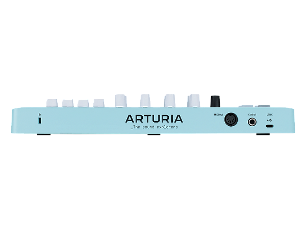 MIDI клавиатура [231599] Arturia [MiniLAB 3 Aquamarine] 25 клавиш, 8 энкодеров, 8 RGB пэдов, 8 фейдеров, дисплей, сенсорные регуляторы Pitch/Modulation, MIDI-выход, 1/4" Jack вход педали, режим Chord, арпеджиатор, USB-C