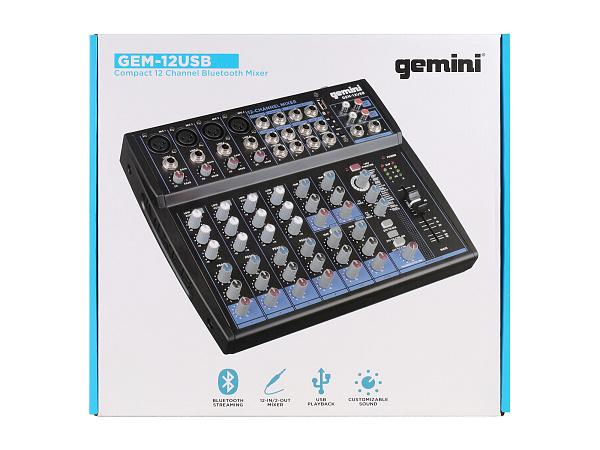 Микшер [GEM-12USB] Gemini [GEM-12USB] аналоговый, 12 каналов, DSP, выход на наушники, Bluetooth, USB-проигрыватель файлов в формате MP3/WAV