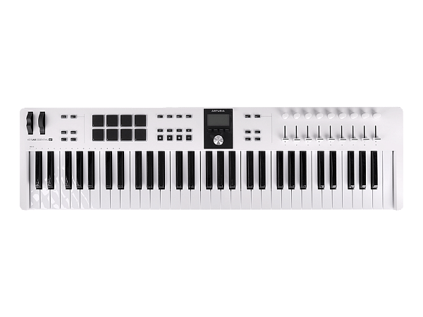 MIDI клавиатура [231531] Arturia [KeyLab Essential 61 mk3 White] 61 клавиша, LCD дисплей, 9 энкодеров, 8 пэдов, 9 фейдеров, 12 кнопок управления, колеса высоты тона и модуляции, 1/4" Jack вход для педали, MIDI выход, Type-C