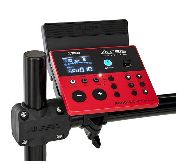 Электронная ударная установка [NITROPROKITXEUK] Alesis [NITRO PRO KIT] 1 x 10" двухзонный малый барабан, 3 x 8" двухзонных тома, 1 x 8" сетчатый бас-барабан, 1 x 10" Hi-Hat, 2 x 10" тарелки с функцией заглушения