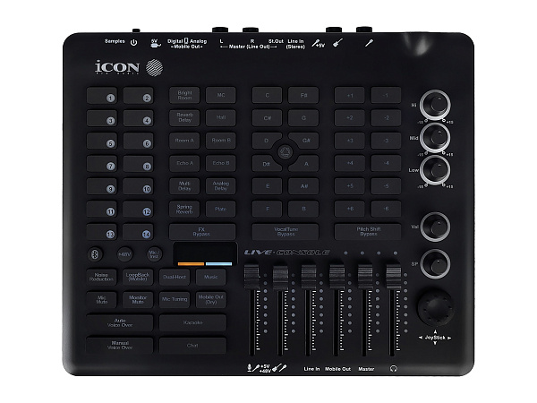 Аудиоинтерфейс USB [110312A2011] Icon [Live Console] для стримов, DSP обработка, фейдеров: 6, энкодеров: 5, дисплеи: 4, XLR микр. вход, 1/4" TRS, 1/4" TS, 1/8" Stereo mini Jack/ 2x1/4" TRS, 1/8" Stereo mini Jack, 2x1/8" Stereo mini Jack, USB-C