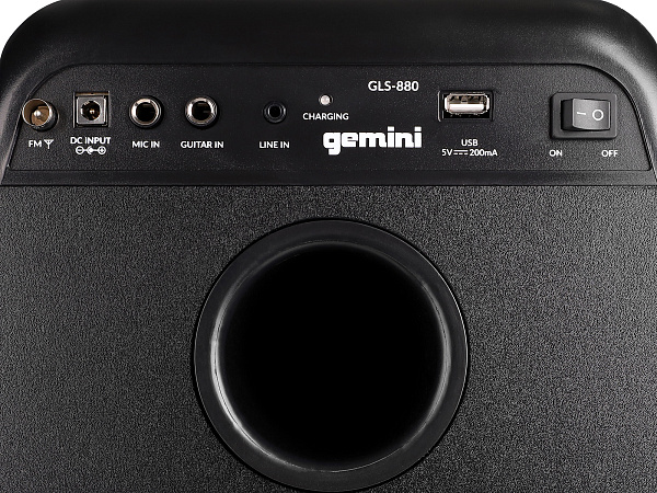 Акустическая система Gemini [GLS-880] Активная, 3-х полосная, DSP, RMS/Peak 100/1000 Вт, АЧХ 30-20000 Гц, Max SPL 98 дБ, динамики: 8" НЧ, 8" СЧ, 1" ВЧ, входы: 1/4" Guitar, 1/4" Mic, 1/8” AUX, USB, FM радио, Bluetooth, аккумулятор, подсветка